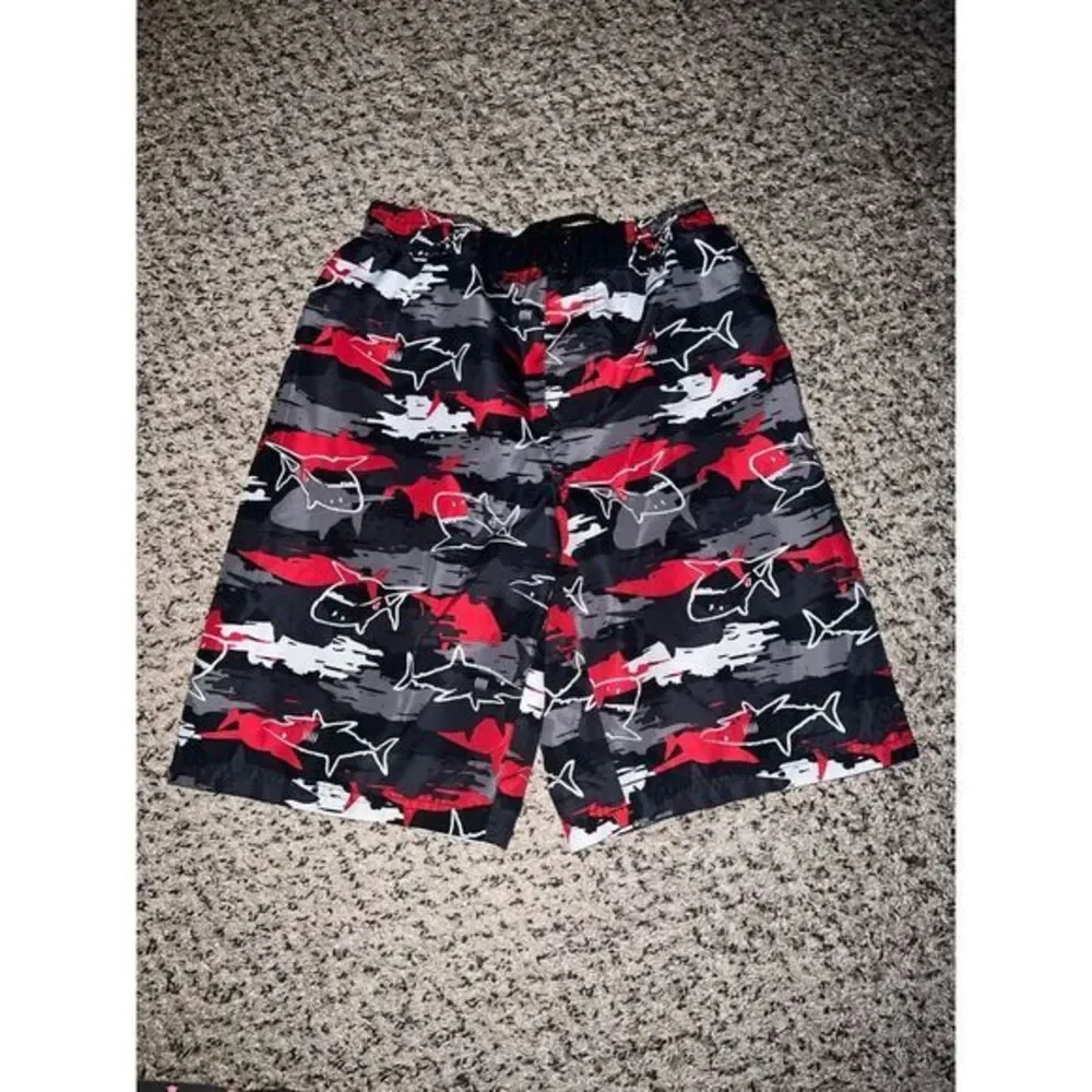 Op boys red/black/gray shark swimming trunks size 10/12